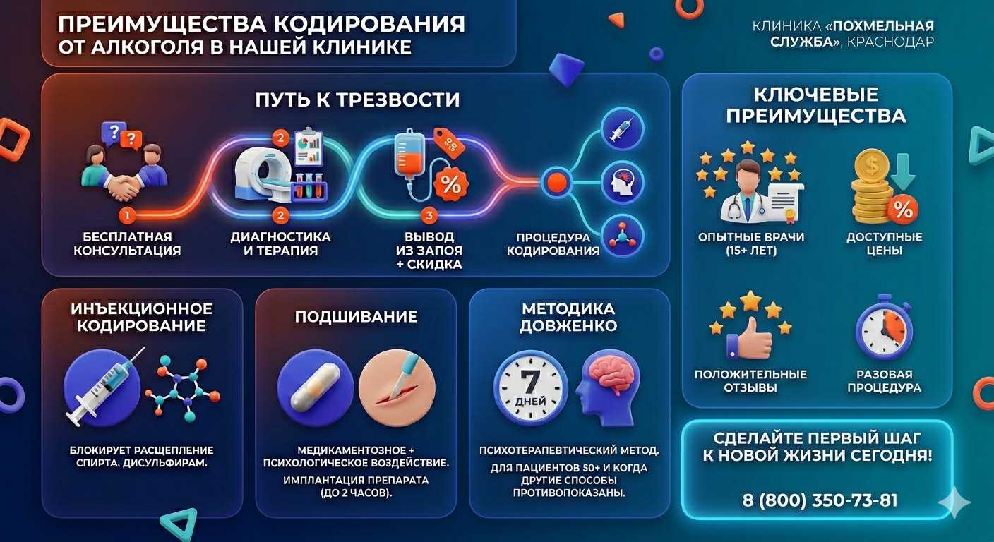Инфографика о методах кодирования от алкоголя в Сыктывкаре: инъекции, подшивание, метод Довженко. Преимущества клиники и этапы лечения.