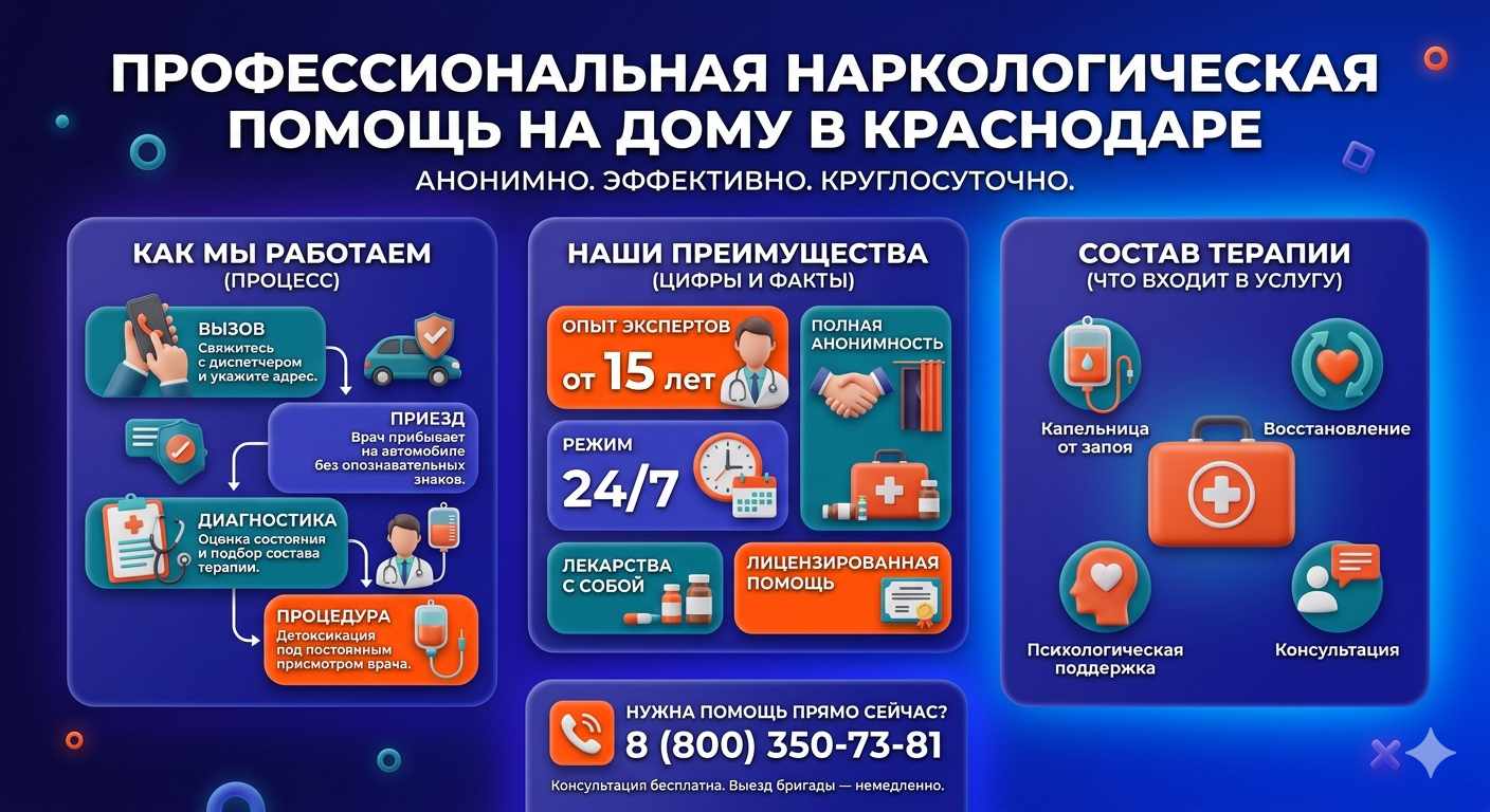 Инфографика о принципах лечения алкоголизма на дому в Сыктывкаре: этапы вызова нарколога, преимущества анонимной детоксикации и состав медицинской помощи.